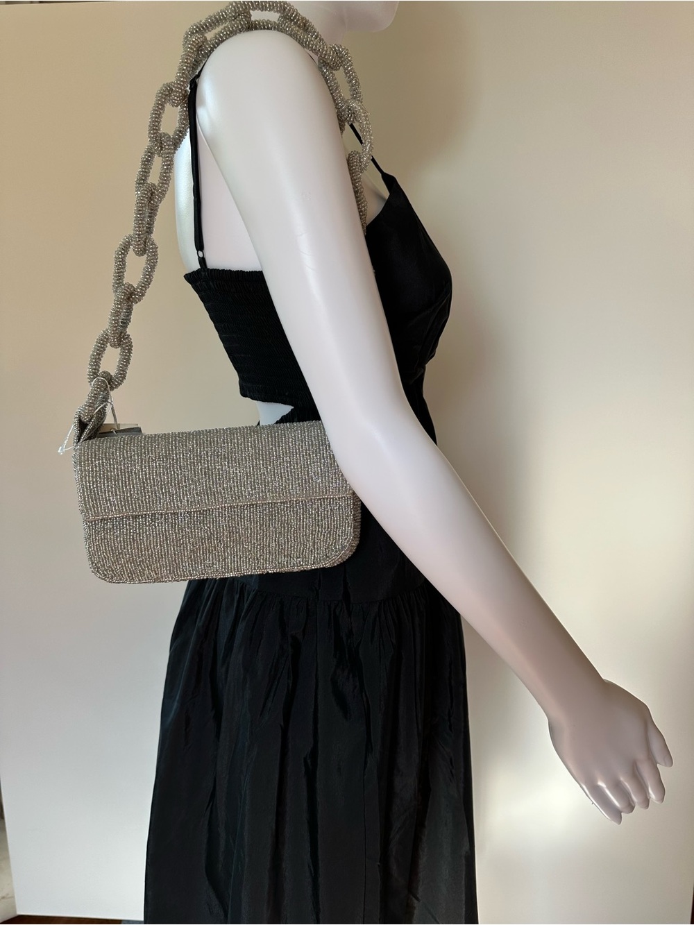 Beaded Chain-Handle Shoulder Bag in Champagne